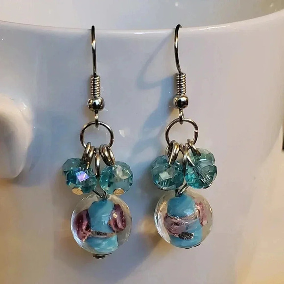 Handcrafted Turquoise Blue Murano Glass Flower Czech Crystal Beads Earrings - Picture 3 of 7